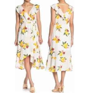 Socialite Faux Wrap Dress Size S Lemon Novelty Print High-Low Hem